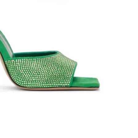 RADIA Diamante Block Heel Satin Mules Sandals