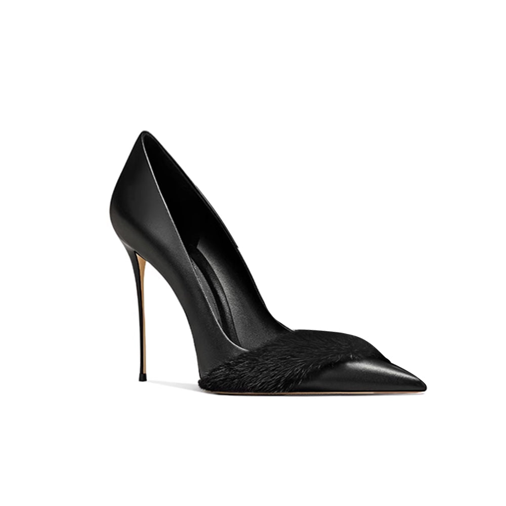 REMIV Fur Embellished Mid Heel Pumps - 8cm