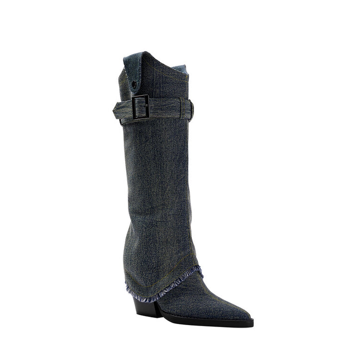 SERUN Buckled Denim Knee High Boots