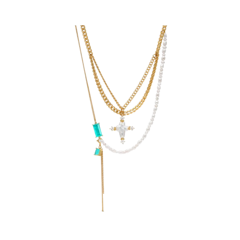 TAUQA Pearl Cross Multi Layers Necklace