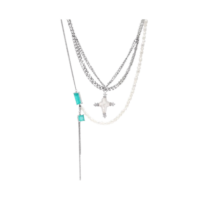 TAUQA Pearl Cross Multi Layers Necklace