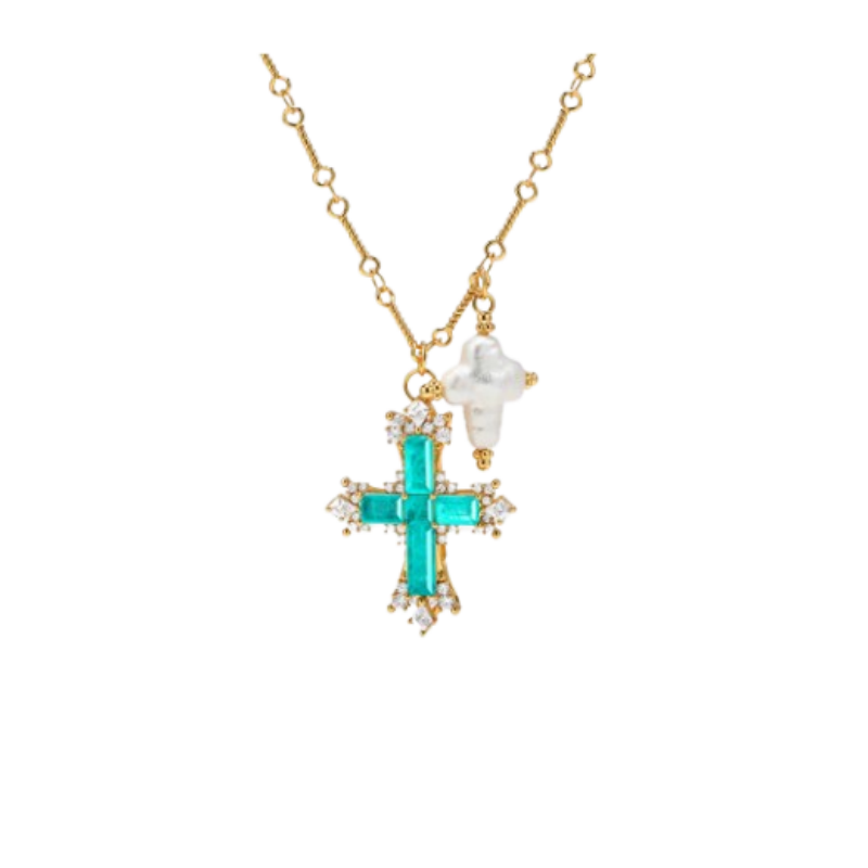 ZERHO Diamante And Pearl Cross Necklace