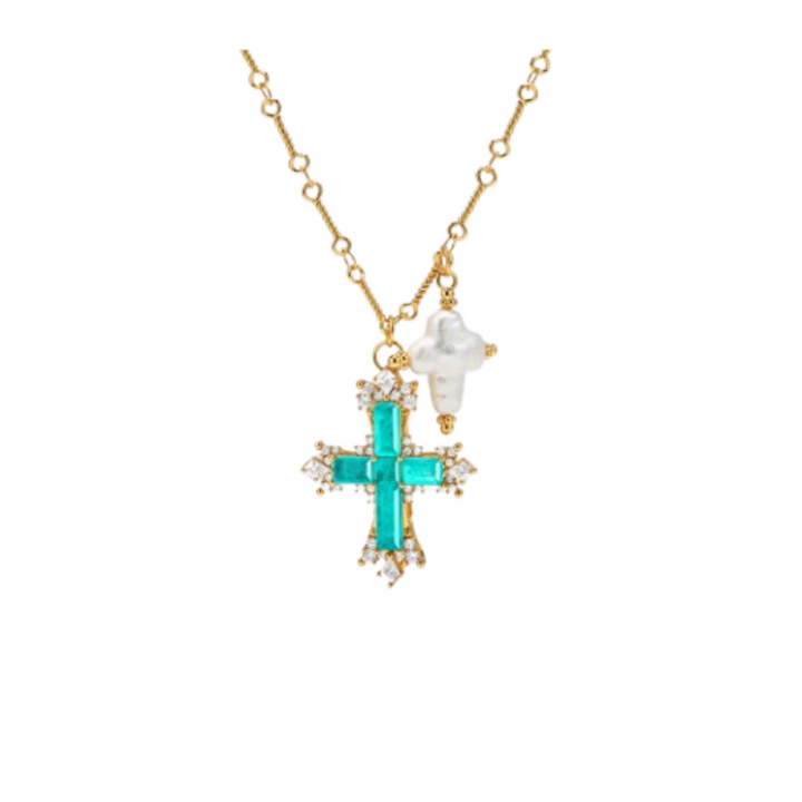 ZERHO Diamante And Pearl Cross Necklace