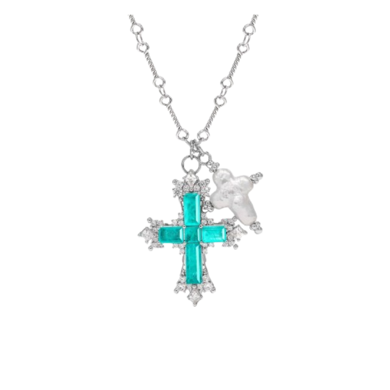 ZERHO Diamante And Pearl Cross Necklace