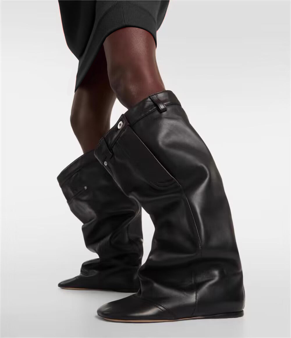 FEVIU Wedged Heel Leather Ankle Boots