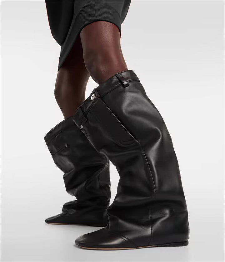 FEVIU Wedged Heel Leather Ankle Boots