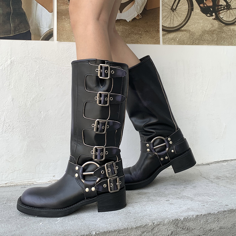 HAUGA Buckled Leather Knee High Boots