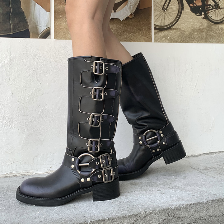 HAUGA Buckled Leather Knee High Boots