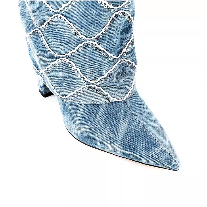 HUTIH Sequinned Square Denim Knee High Boots