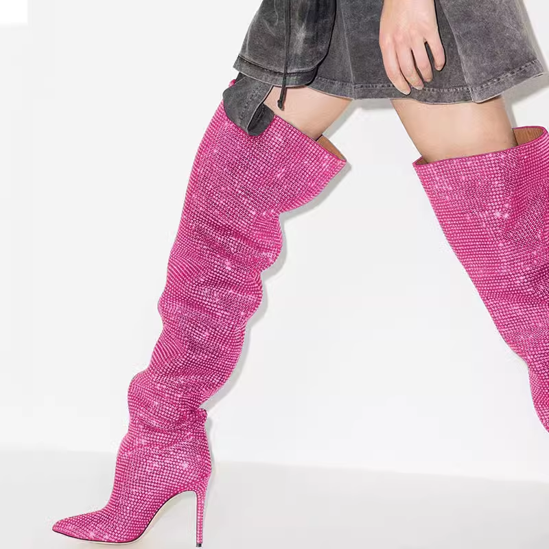 JUIHE Diamante Stiletto Heel Over The Knee Boots - 11.5cm