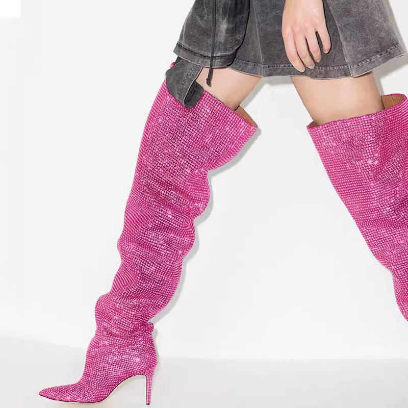 JUIHE Diamante Stiletto Heel Over The Knee Boots - 8.5cm