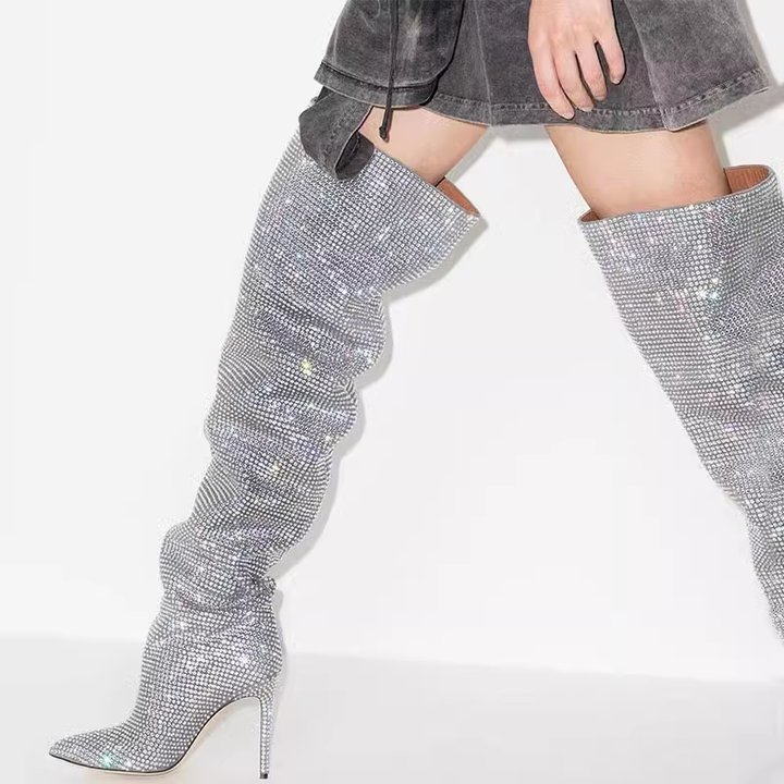 JUIHE Diamante Stiletto Heel Over The Knee Boots - 11.5cm
