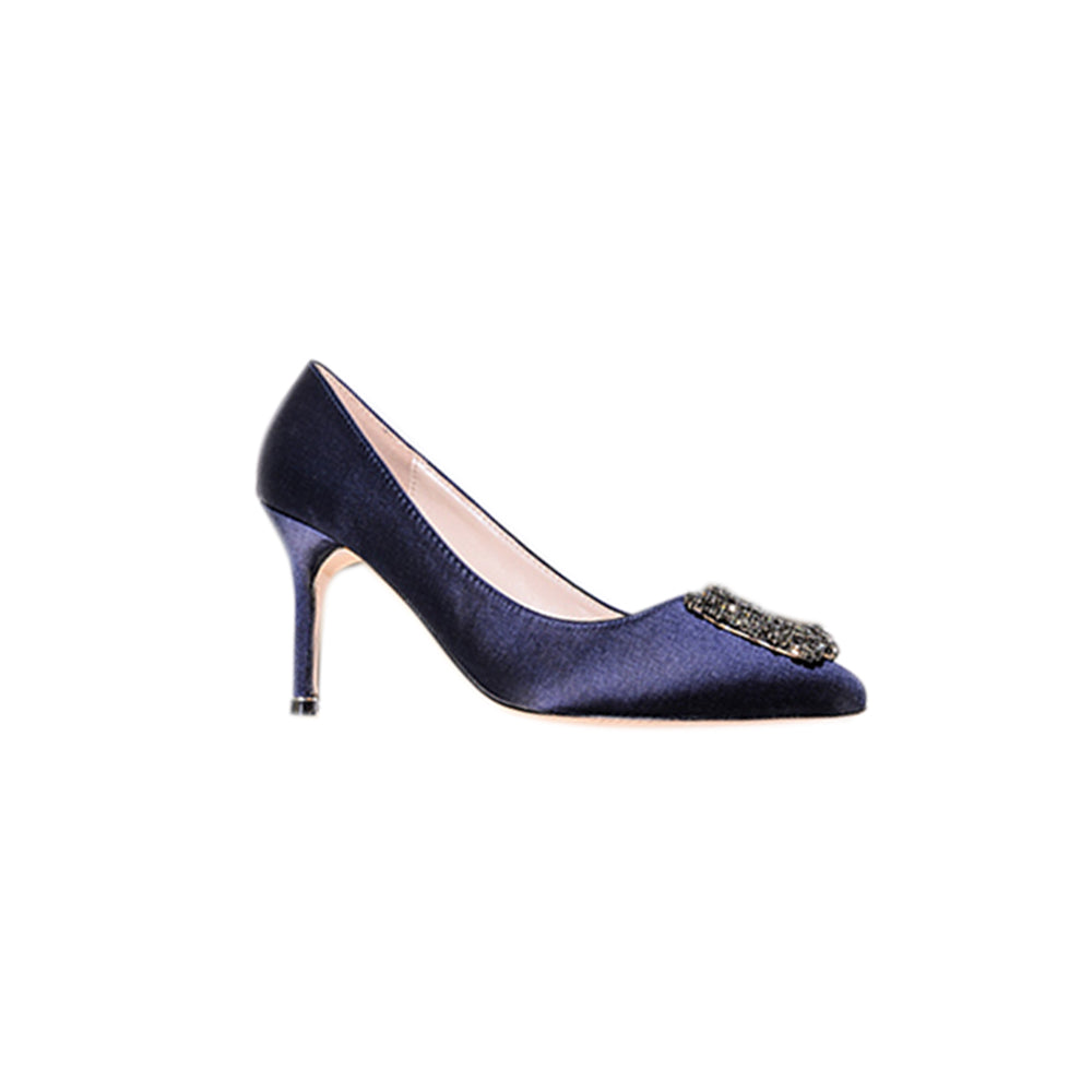 MIRKO Diamante Embellished Satin Mid Heel Pumps - 8cm