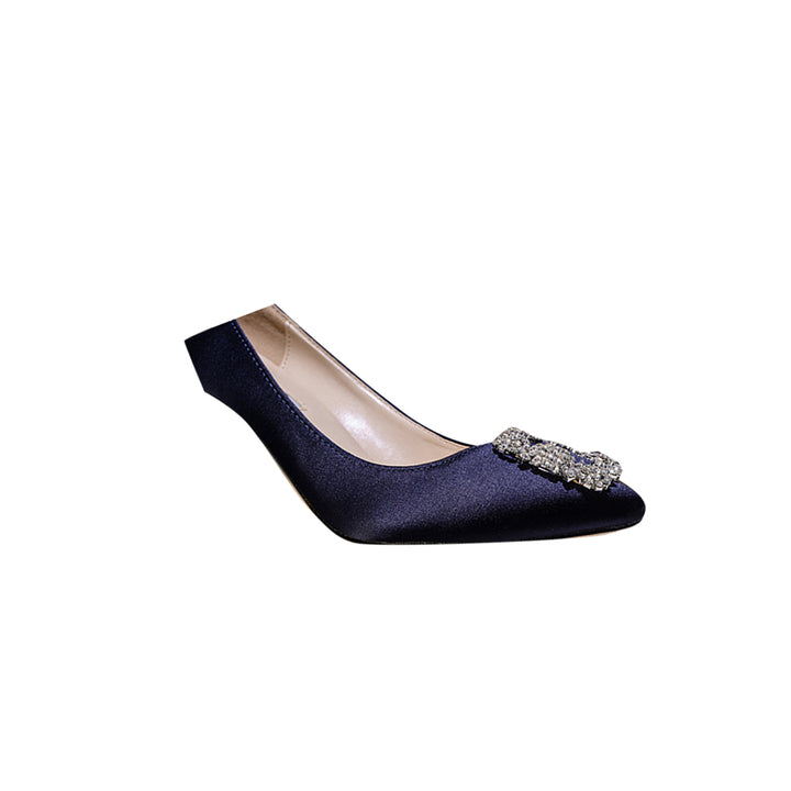 MIRKO Diamante Embellished Satin Mid Heel Pumps - 8cm