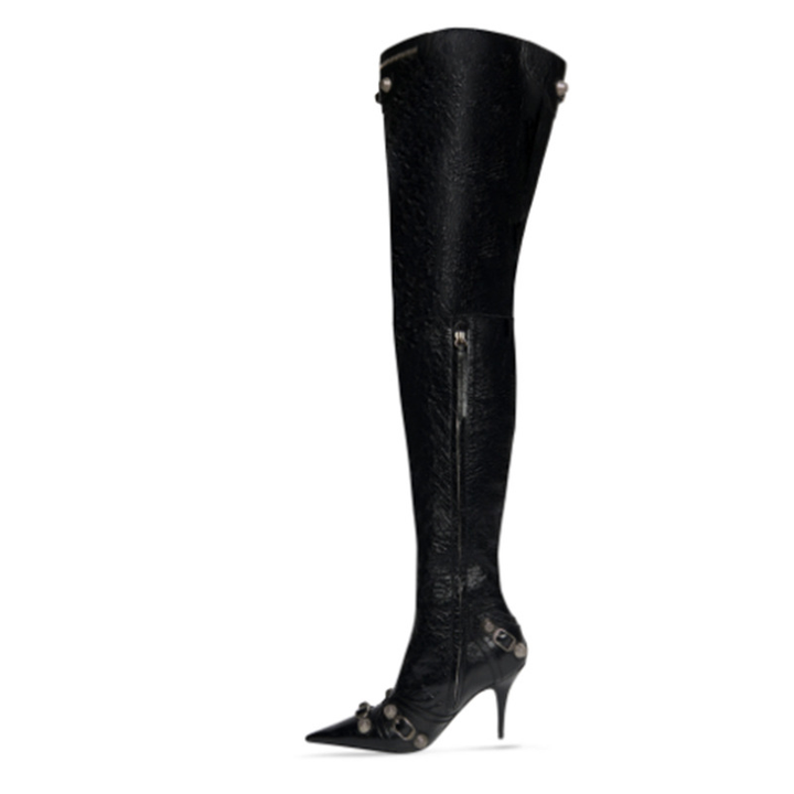 RETHA Studded And Buckled Leather Over The Knee Boots - 9.5cm