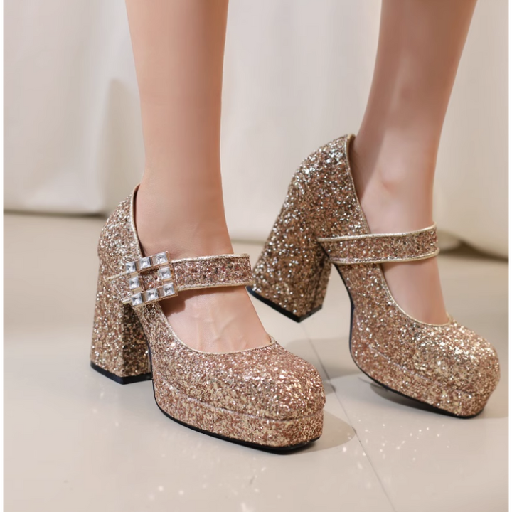 SUVOK Glitter Block Heel Pumps