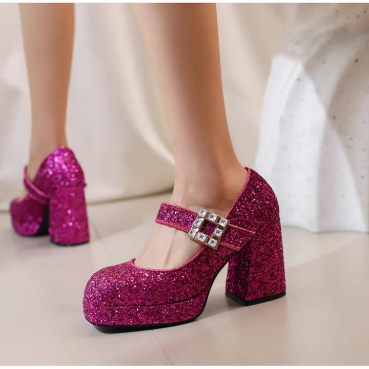 SUVOK Glitter Block Heel Pumps