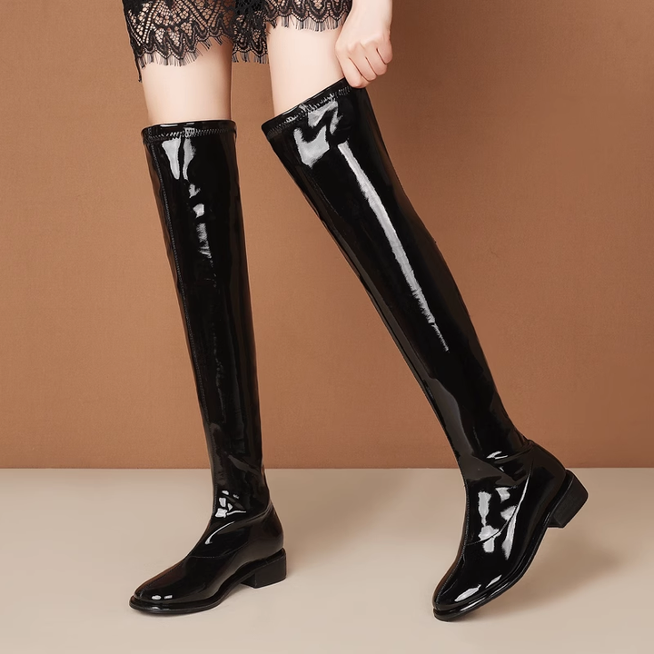 HENCA Patent Leather Flat Knee High Boots