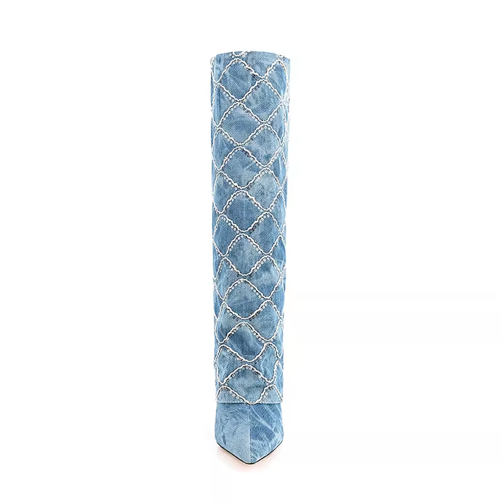 HUTIH Sequinned Square Denim Knee High Boots