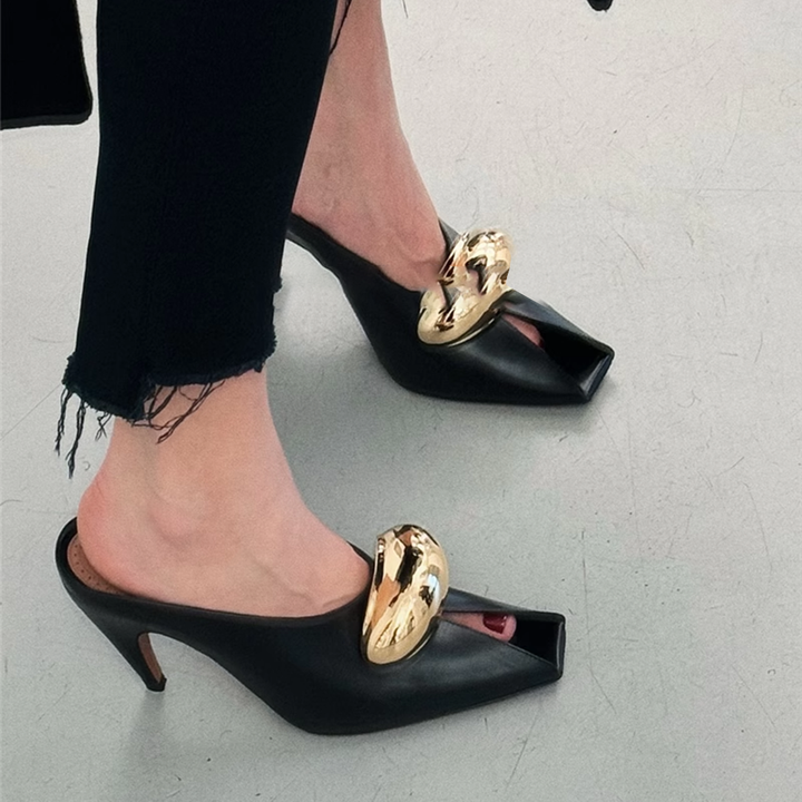 RIUCE Metal Embellished Peep Toe Mules Sandals