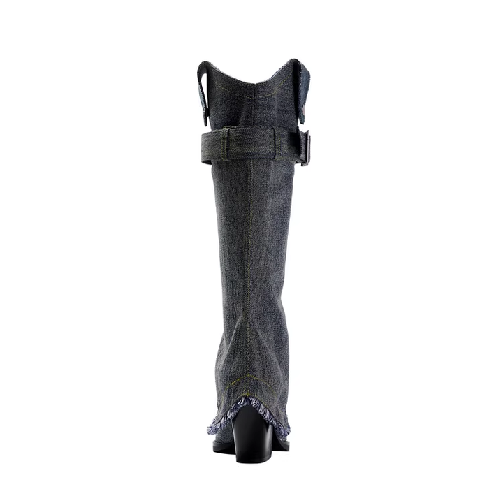 SERUN Buckled Denim Knee High Boots