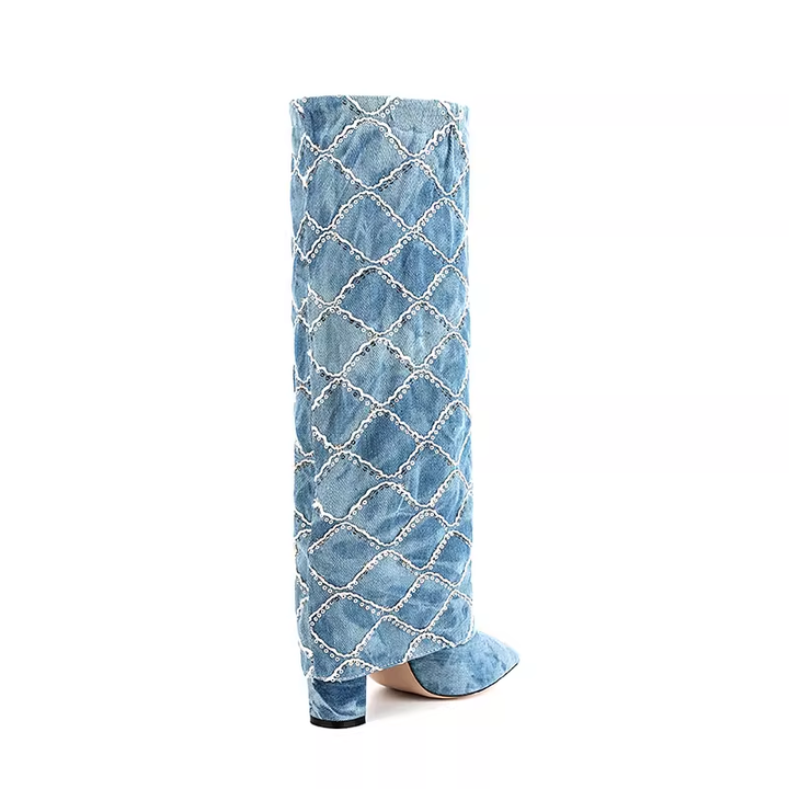 HUTIH Sequinned Square Denim Knee High Boots