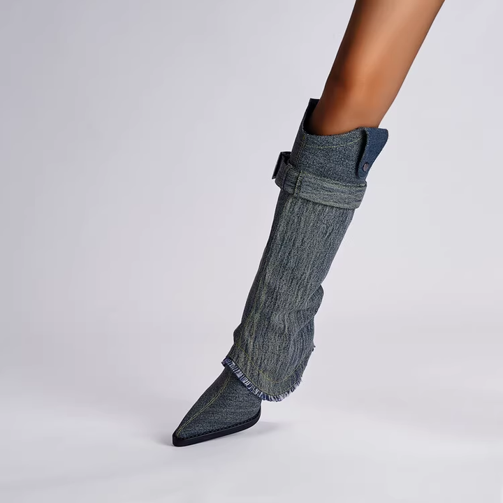 SERUN Buckled Denim Knee High Boots