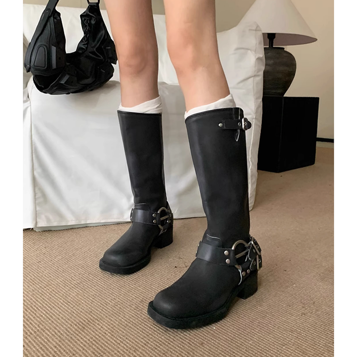 HAUGA Buckled Leather Knee High Boots