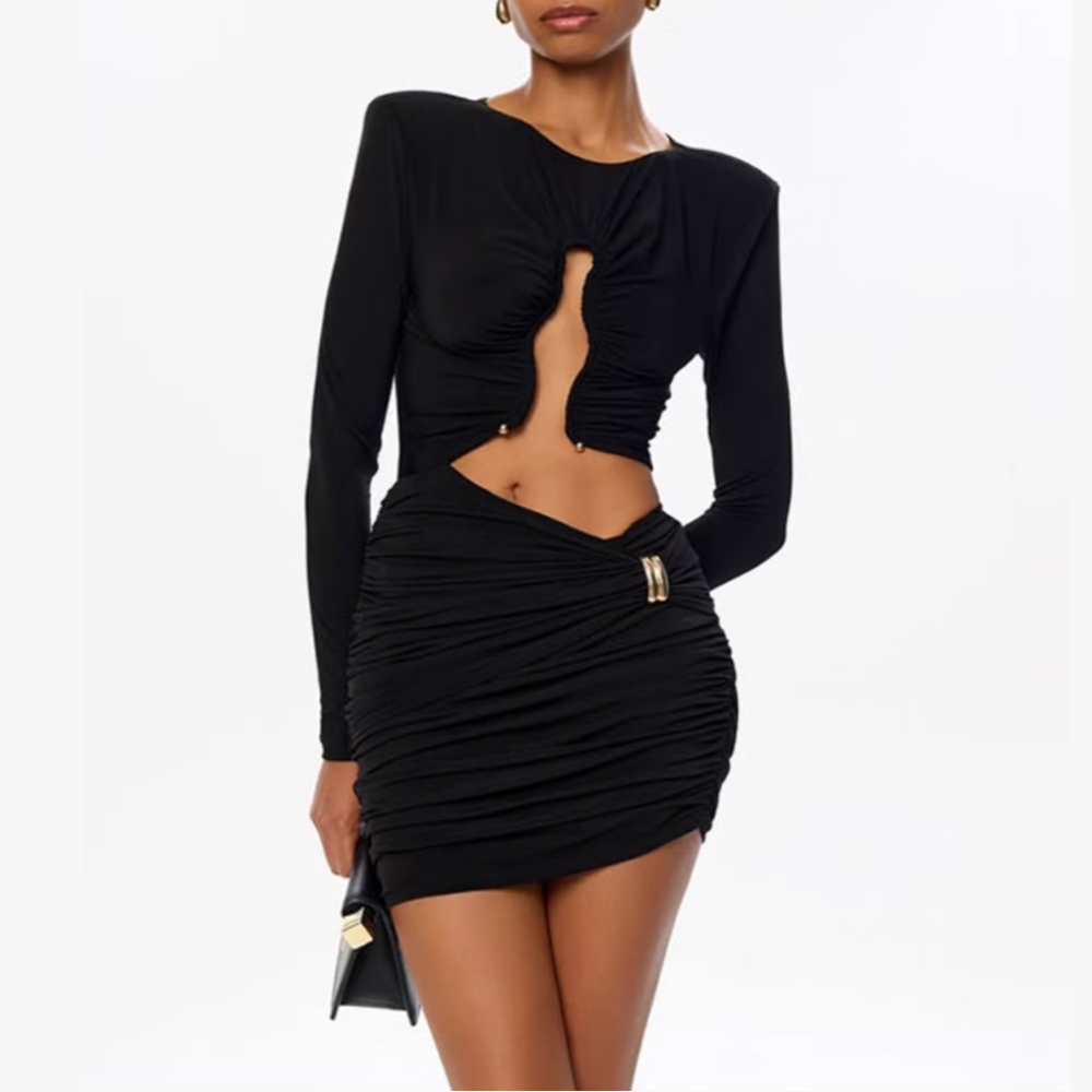 Black XIOJI Long Sleeves Cutout Mini Evening Dress Gown