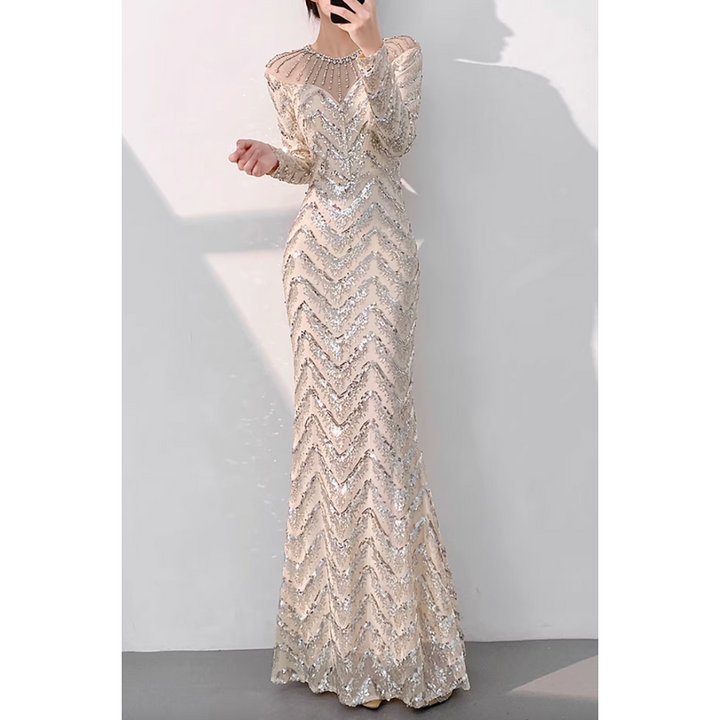 CXBLY Long-sleeve Sequin Evening Dress Gown