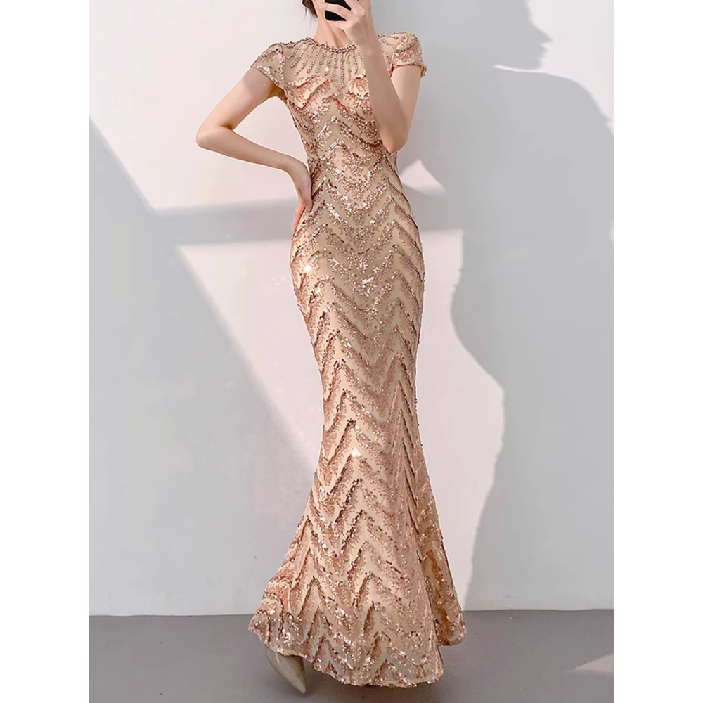 Rose Gold YWZST Sequin Evening Dress Gown