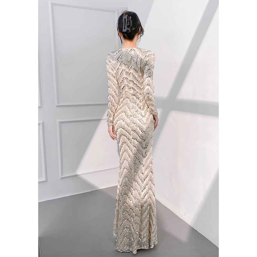 CXBLY Long-sleeve Sequin Evening Dress Gown