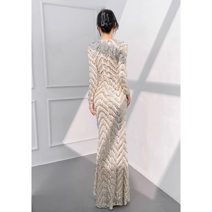 CXBLY Long-sleeve Sequin Evening Dress Gown