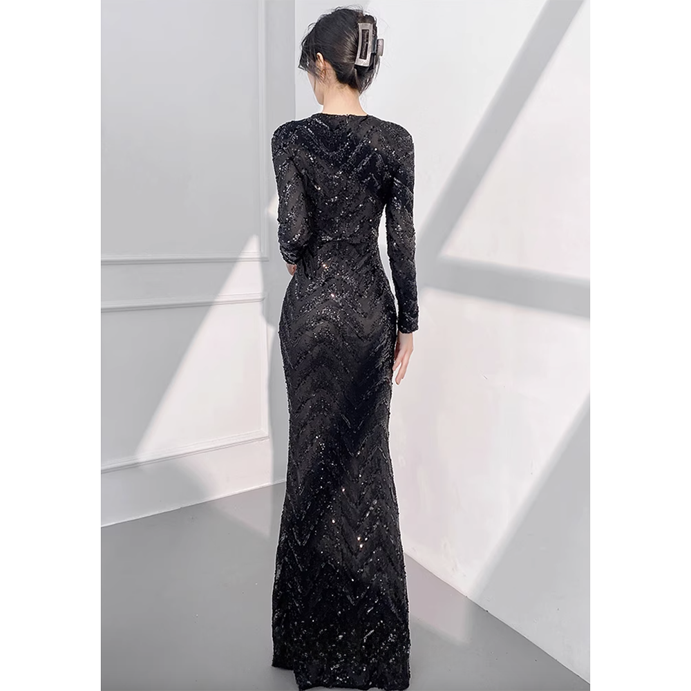 CXBLY Long-sleeve Sequin Evening Dress Gown