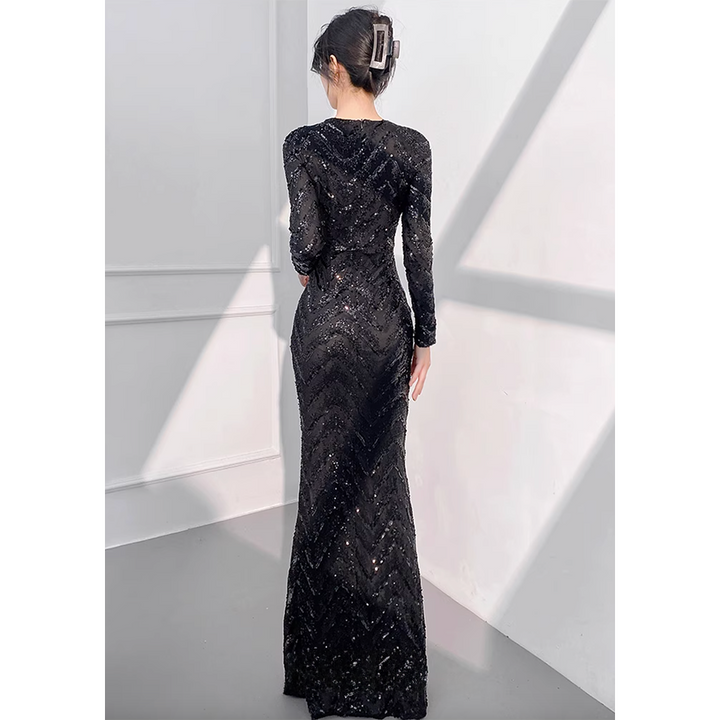 CXBLY Long-sleeve Sequin Evening Dress Gown