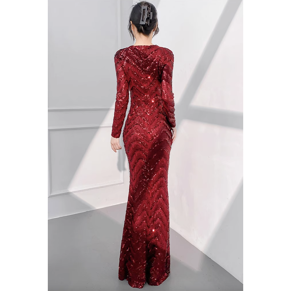 CXBLY Long-sleeve Sequin Evening Dress Gown