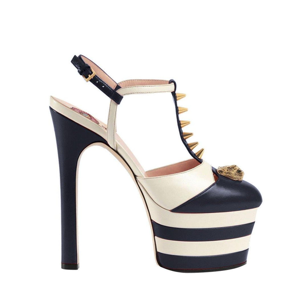 BESEY Striped T-Strap High Heel Platform Sandals - ithelabel.com