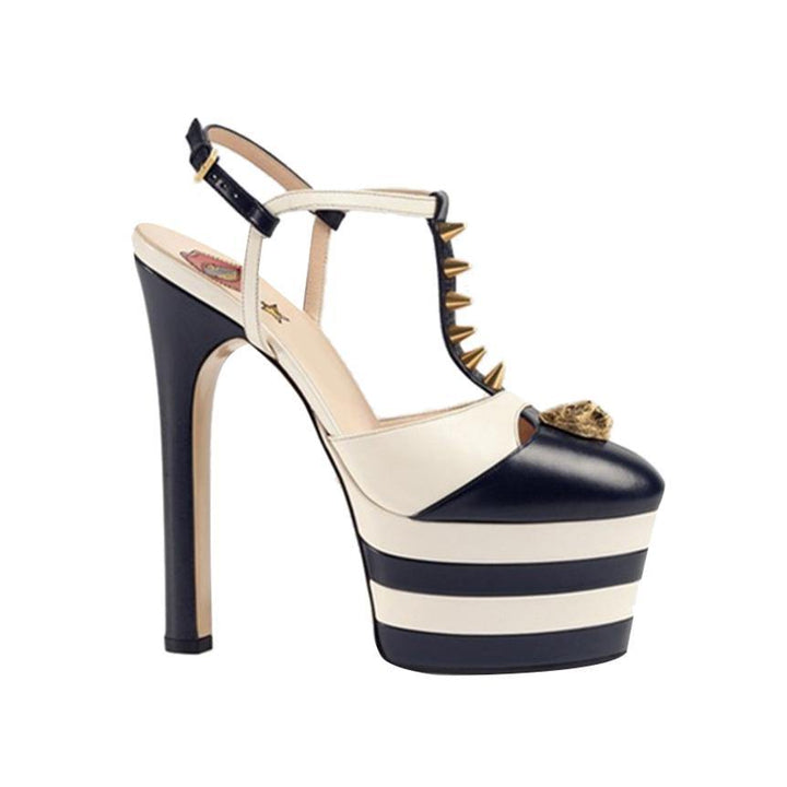 BESEY Striped T-Strap High Heel Platform Sandals - ithelabel.com