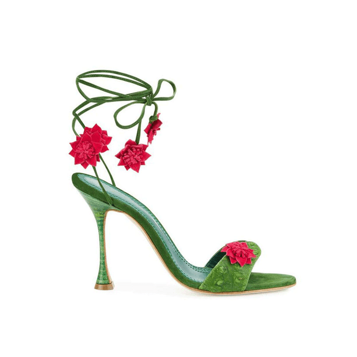 DINFA Flower Embellished Lace Up High Heel Sandals