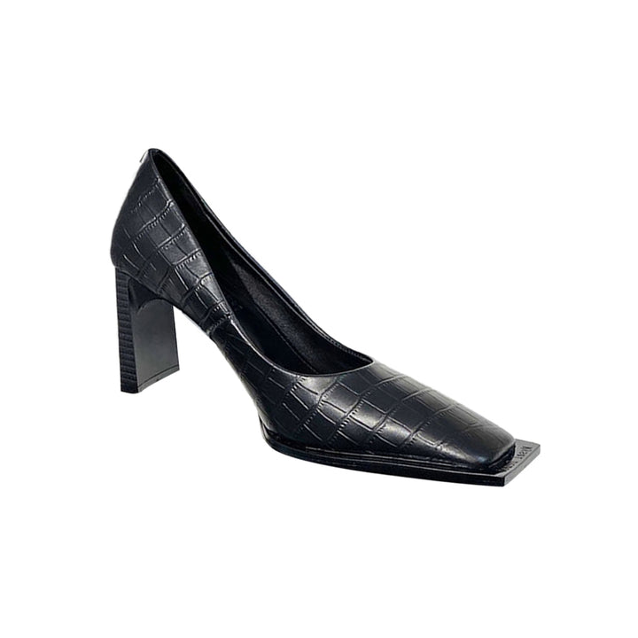 FENIM Square Toe Leather Mid Heel Pumps