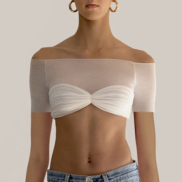 KECUA Off-Shoulder See-Through Cropped T-Shirt