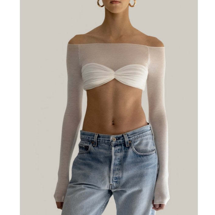KECUA Off-Shoulder See-Through Cropped Top
