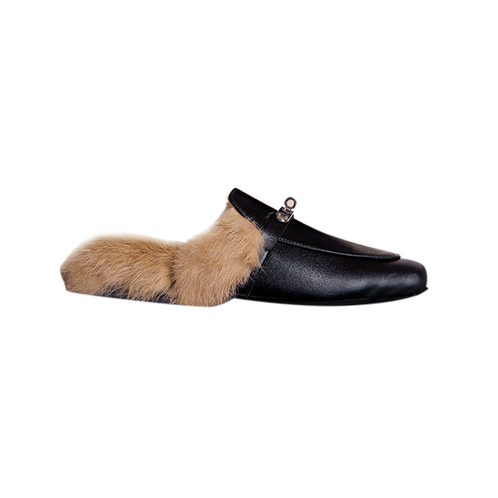 KERIC Buckled Leather And Fur Slides Slippers
