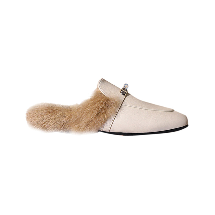 KERIC Buckled Leather And Fur Slides Slippers