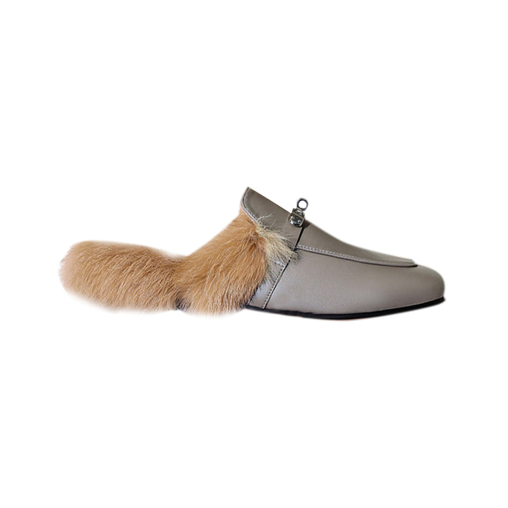 KERIC Buckled Leather And Fur Slides Slippers