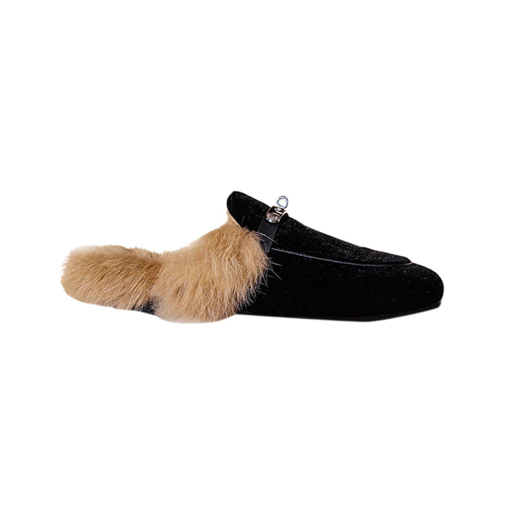 KERIC Buckled Velvet And Fur Slides Slippers