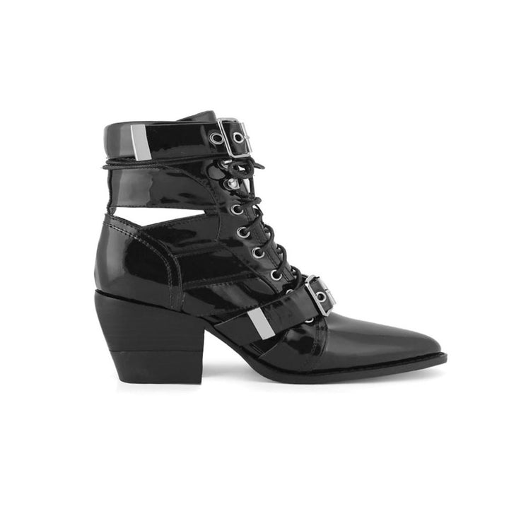 KUNIX Cut Out Patent Leather Biker Ankle Western Cowboy Boots