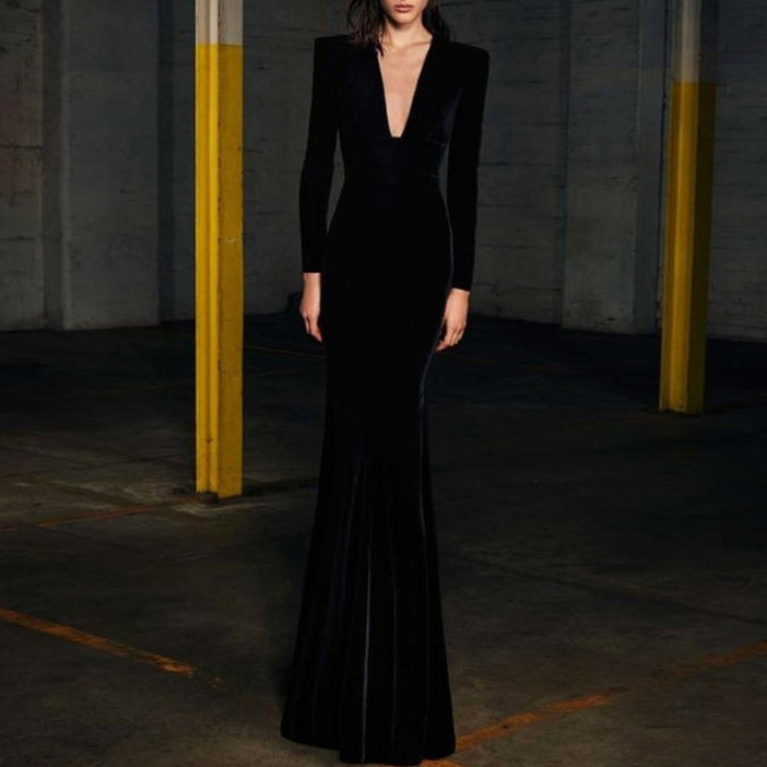 LAROS V Neck Maxi Evening Dress Gown