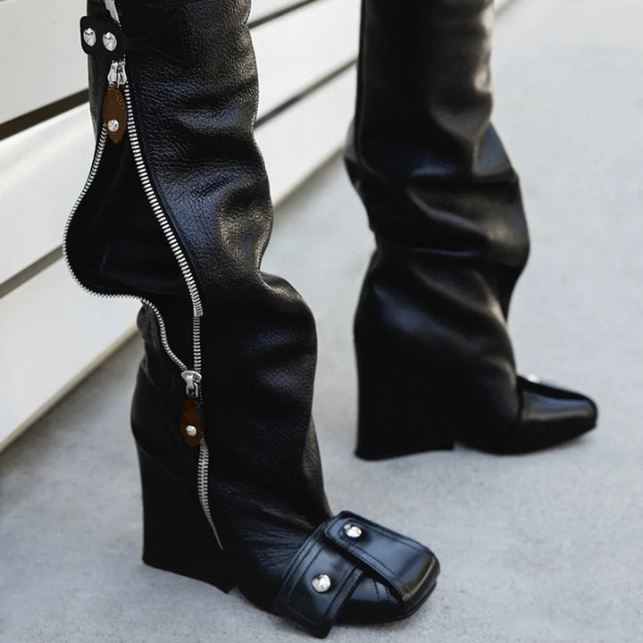RAFOU Zip Leather Knee High Boots