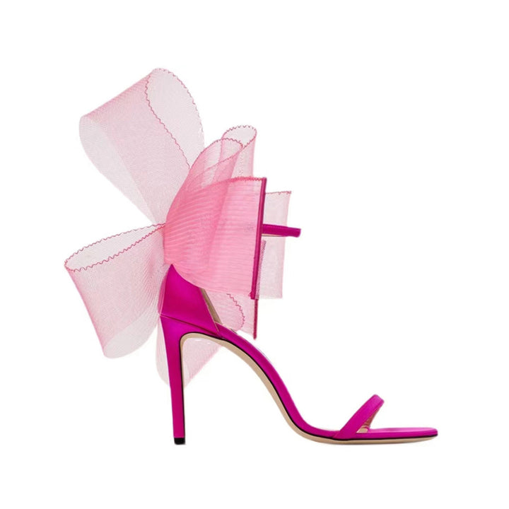 REGON Asymmetric Bow Embellished Satin Mid Heel Sandals - 8cm